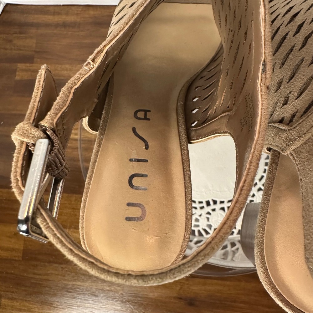Unisa Unparlo Tan Laser Cut Block Heel Sandals Womens 7.5 M‎ Peep Toe Slingback - Picture 7 of 12